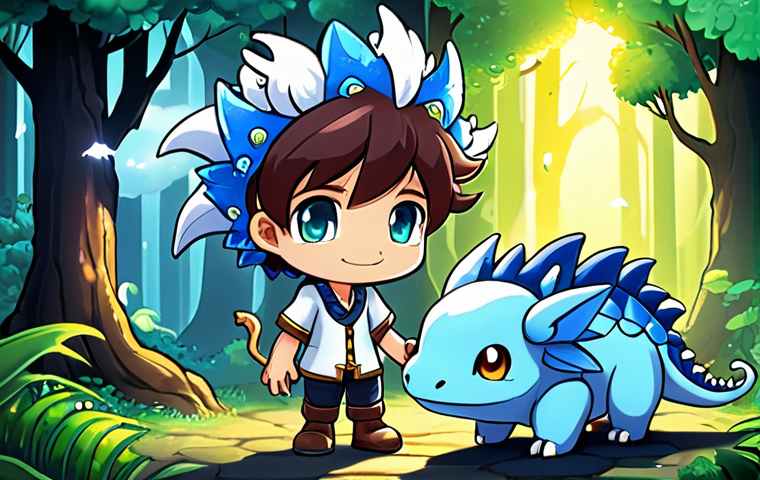 ** A heartwarming scene depicting young Evan (MapleStory character) with his tiny, cute dragon companion Mir (Whelp or Juvenile stage, light blue/white). They are standing in a whimsical, enchanted forest, bathed in a soft, magical glow, emphasizing their growing, unbreakable bond. MapleStory's vibrant, colorful art style.
2. **Prompt for