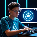 A focused young adult gamer, gender-neutral, in a comfortable, modest t-shirt and jeans, seated at a modern gaming desk. They are holding a glowing, stylized "Arcane Symbol" in one hand, looking at it with a determined expression. The background features a subtle, futuristic interface with abstract game elements, suggesting an in-game shop or inventory screen. Professional photography, high detail, volumetric lighting, rich colors, perfect anatomy, correct proportions, natural pose, well-formed hands, proper finger count, natural body proportions, safe for work, appropriate content, fully clothed, family-friendly.