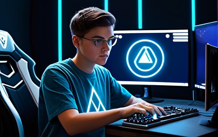 A focused young adult gamer, gender-neutral, in a comfortable, modest t-shirt and jeans, seated at a modern gaming desk. They are holding a glowing, stylized "Arcane Symbol" in one hand, looking at it with a determined expression. The background features a subtle, futuristic interface with abstract game elements, suggesting an in-game shop or inventory screen. Professional photography, high detail, volumetric lighting, rich colors, perfect anatomy, correct proportions, natural pose, well-formed hands, proper finger count, natural body proportions, safe for work, appropriate content, fully clothed, family-friendly.