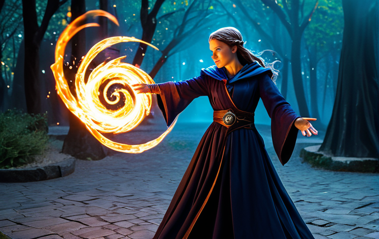 A professional female spellcaster, fully clothed in modest, practical arcane robes, appropriate attire, posing dynamically, unleashing a swirling vortex of elemental magic (ice and fire energy intertwining) from her hands, demonstrating efficient spellcasting. She is in a lush, vibrant fantasy training ground with glowing arcane symbols on the ground, indicating a powerful magical area. Professional studio lighting, cinematic composition, high detail, perfect anatomy, correct proportions, natural pose, well-formed hands, proper finger count, natural body proportions, safe for work, appropriate content, fully clothed, modest, family-friendly.