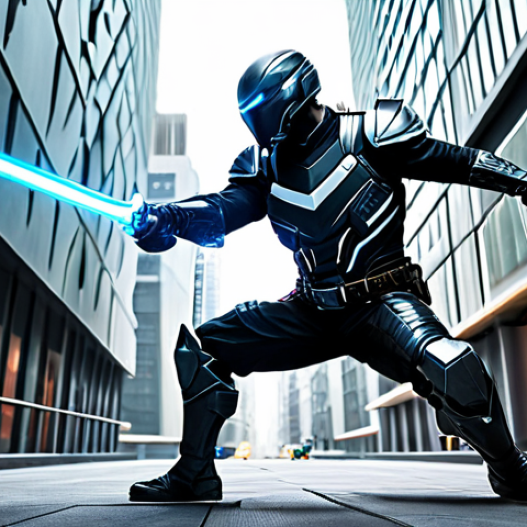 Xenon in Action** "A fully clothed, professional Xenon character in a dynamic action pose amidst a futuristic cityscape. The character is wearing a sleek, modern battlesuit with glowing accents. Energy blades are extended, showcasing a blend of Thief, Pirate, and Warrior fighting styles. Perfect anatomy, correct proportions, well-formed hands, proper finger count, natural body proportions. Safe for work, appropriate content, professional, family-friendly, high quality, digital illustration, vibrant colors, dramatic lighting." **