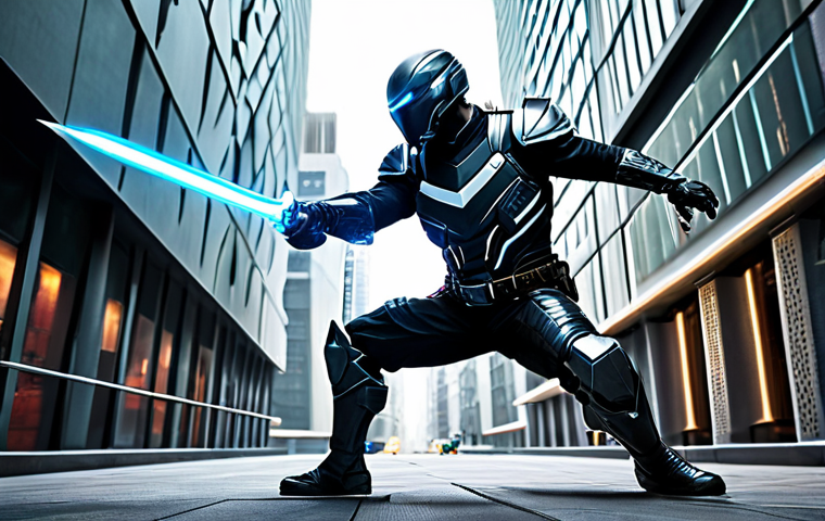 Xenon in Action** "A fully clothed, professional Xenon character in a dynamic action pose amidst a futuristic cityscape. The character is wearing a sleek, modern battlesuit with glowing accents. Energy blades are extended, showcasing a blend of Thief, Pirate, and Warrior fighting styles. Perfect anatomy, correct proportions, well-formed hands, proper finger count, natural body proportions. Safe for work, appropriate content, professional, family-friendly, high quality, digital illustration, vibrant colors, dramatic lighting." **