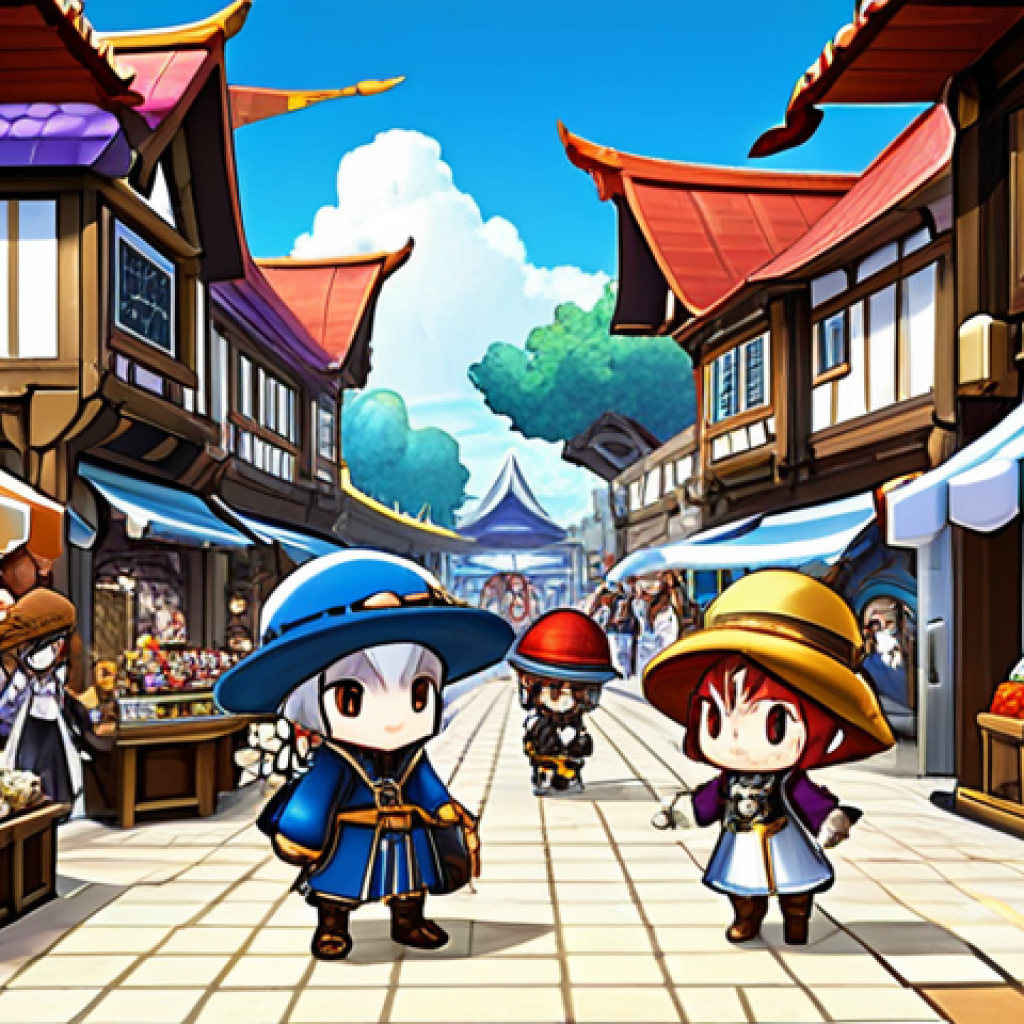 A bustling MapleStory Market Scene** "A vibrant, colorful scene inside a MapleStory town marketplace, filled with players trading cosmetic items. Characters are wearing a variety of unique and interesting outfits, fully clothed in appropriate attire. Stalls are displaying various hats, weapons, and accessories. Background shows detailed fantasy architecture and bustling activity. safe for work, professional, appropriate content, perfect anatomy, well-formed hands, natural body proportions, high quality, digital art, family-friendly." **