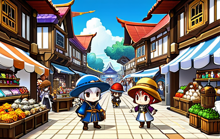 A bustling MapleStory Market Scene** "A vibrant, colorful scene inside a MapleStory town marketplace, filled with players trading cosmetic items. Characters are wearing a variety of unique and interesting outfits, fully clothed in appropriate attire. Stalls are displaying various hats, weapons, and accessories. Background shows detailed fantasy architecture and bustling activity. safe for work, professional, appropriate content, perfect anatomy, well-formed hands, natural body proportions, high quality, digital art, family-friendly." **
