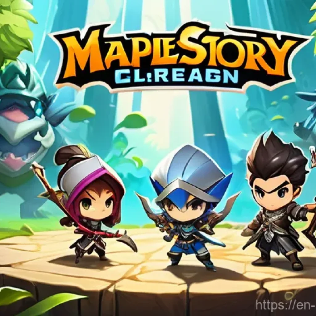 메이플스토리 미니게임 플레이법 - A vibrant and action-packed scene depicting two teams of cute, chibi-style MapleStory characters eng...