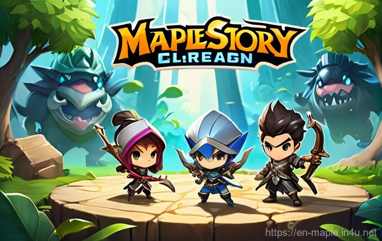 메이플스토리 미니게임 플레이법 - A vibrant and action-packed scene depicting two teams of cute, chibi-style MapleStory characters eng...
