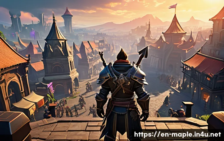 메이플스토리 사냥터 포화 시간대 - A vibrant MMORPG hunting ground scene during peak hours, crowded with diverse players in colorful ar...
