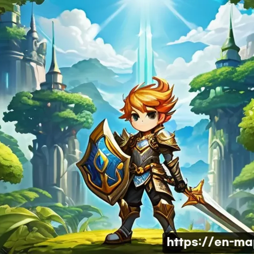 메이플스토리 초보자를 위한 FAQ - A vibrant fantasy scene featuring a young warrior clad in detailed, ornate armor wielding a large, g...