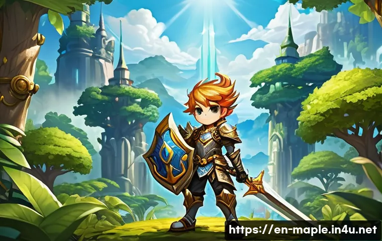 메이플스토리 초보자를 위한 FAQ - A vibrant fantasy scene featuring a young warrior clad in detailed, ornate armor wielding a large, g...