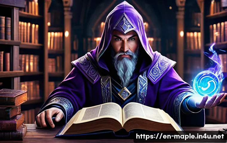 메이플스토리 마스터리 북 사용법 - A dynamic fantasy RPG scene featuring a skilled mage character surrounded by glowing elemental runes...