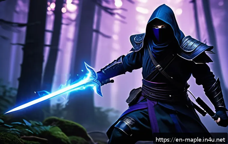 메이플스토리 나이트로드 딜사이클 - A dynamic fantasy RPG scene featuring a Night Lord character clad in sleek, dark ninja-style armor w...
