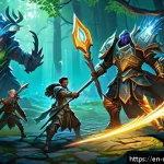 메이플스토리 몬스터파크 공략 - A dynamic fantasy game scene inside Monster Park featuring a diverse party of four adventurers&mdash;mage,...