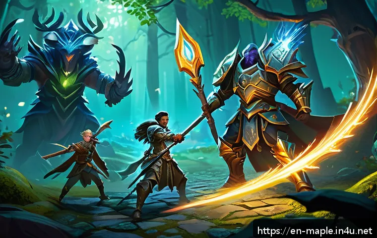 메이플스토리 몬스터파크 공략 - A dynamic fantasy game scene inside Monster Park featuring a diverse party of four adventurers—mage,...