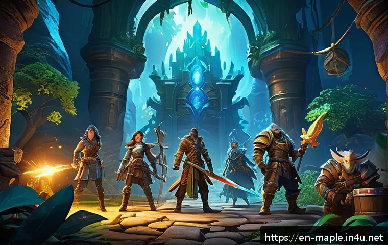 메이플스토리 MVP 등급 혜택 - A vibrant, dynamic scene of a group of diverse fantasy adventurers in a colorful MMORPG-style enviro...