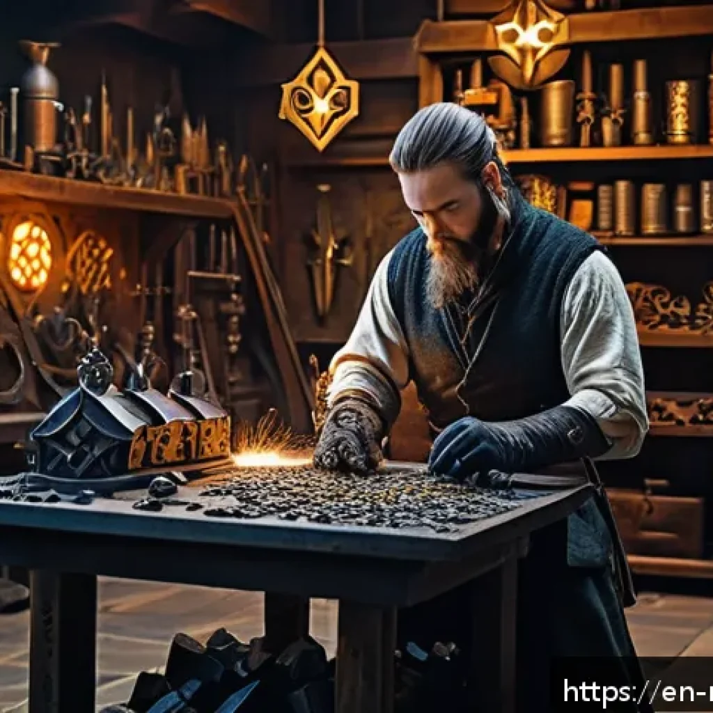 메이플스토리 파프니르 장비 제작법 - A detailed fantasy-themed workshop scene featuring a skilled blacksmith crafting Paphnir gear, surro...