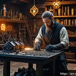 메이플스토리 파프니르 장비 제작법 - A detailed fantasy-themed workshop scene featuring a skilled blacksmith crafting Paphnir gear, surro...