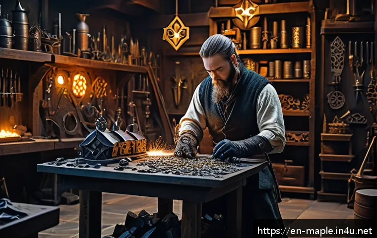 메이플스토리 파프니르 장비 제작법 - A detailed fantasy-themed workshop scene featuring a skilled blacksmith crafting Paphnir gear, surro...