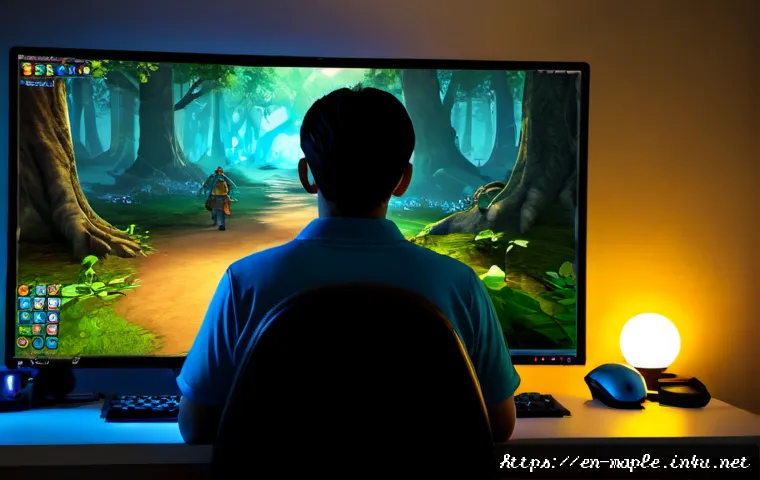 메이플스토리 리부트 서버 육성법 - Photorealistic gaming desk scene illustrating an MMORPG character progression strategy, focused adul...