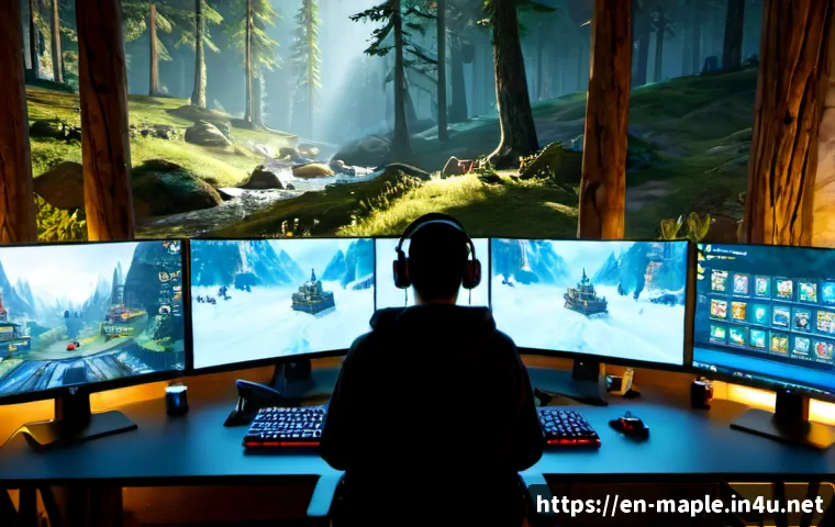 Home 17 메이플스토리 서버별 특징 - Photorealistic gaming desk scene illustrating different online game server styles, three side-by-sid...