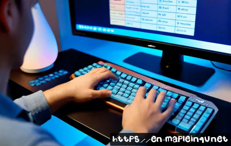 Home 17 메이플스토리 인게임 이벤트 달력 - Photorealistic cozy gaming desk scene, a desktop monitor showing a generic fantasy adventure game in...