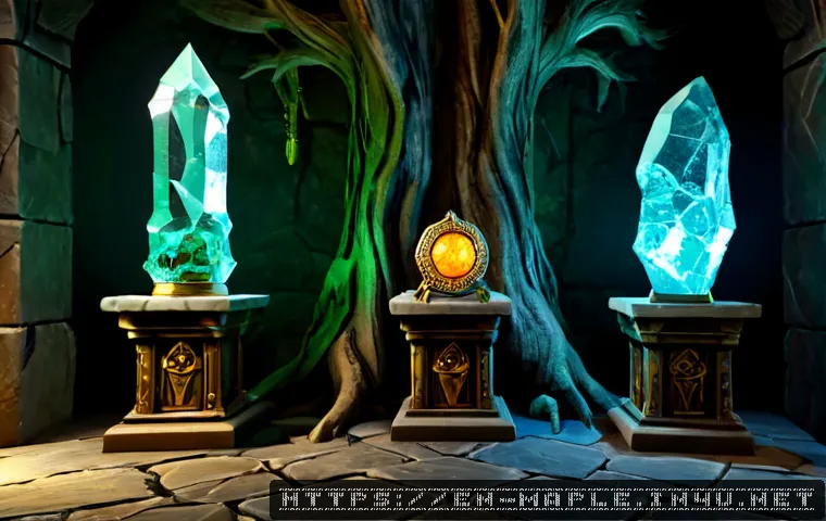 메이플스토리 루타비스 보스별 보상 - Photorealistic fantasy treasure chamber after a defeated ancient tree-themed dungeon boss, three dis...